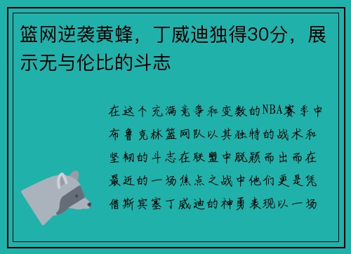 篮网逆袭黄蜂，丁威迪独得30分，展示无与伦比的斗志