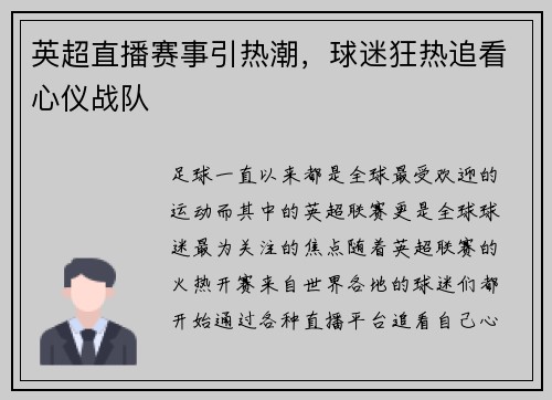 英超直播赛事引热潮，球迷狂热追看心仪战队
