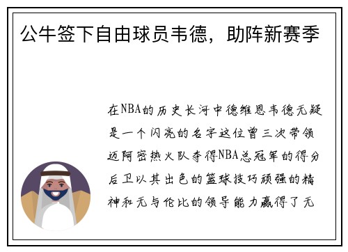 公牛签下自由球员韦德，助阵新赛季
