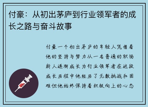 付豪：从初出茅庐到行业领军者的成长之路与奋斗故事