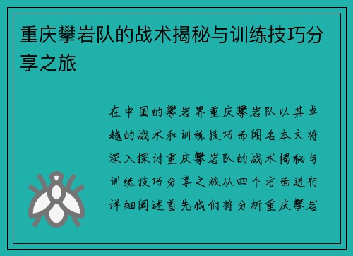重庆攀岩队的战术揭秘与训练技巧分享之旅