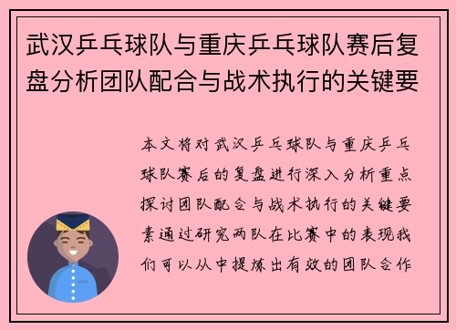 武汉乒乓球队与重庆乒乓球队赛后复盘分析团队配合与战术执行的关键要素