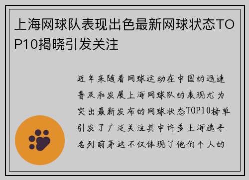 上海网球队表现出色最新网球状态TOP10揭晓引发关注